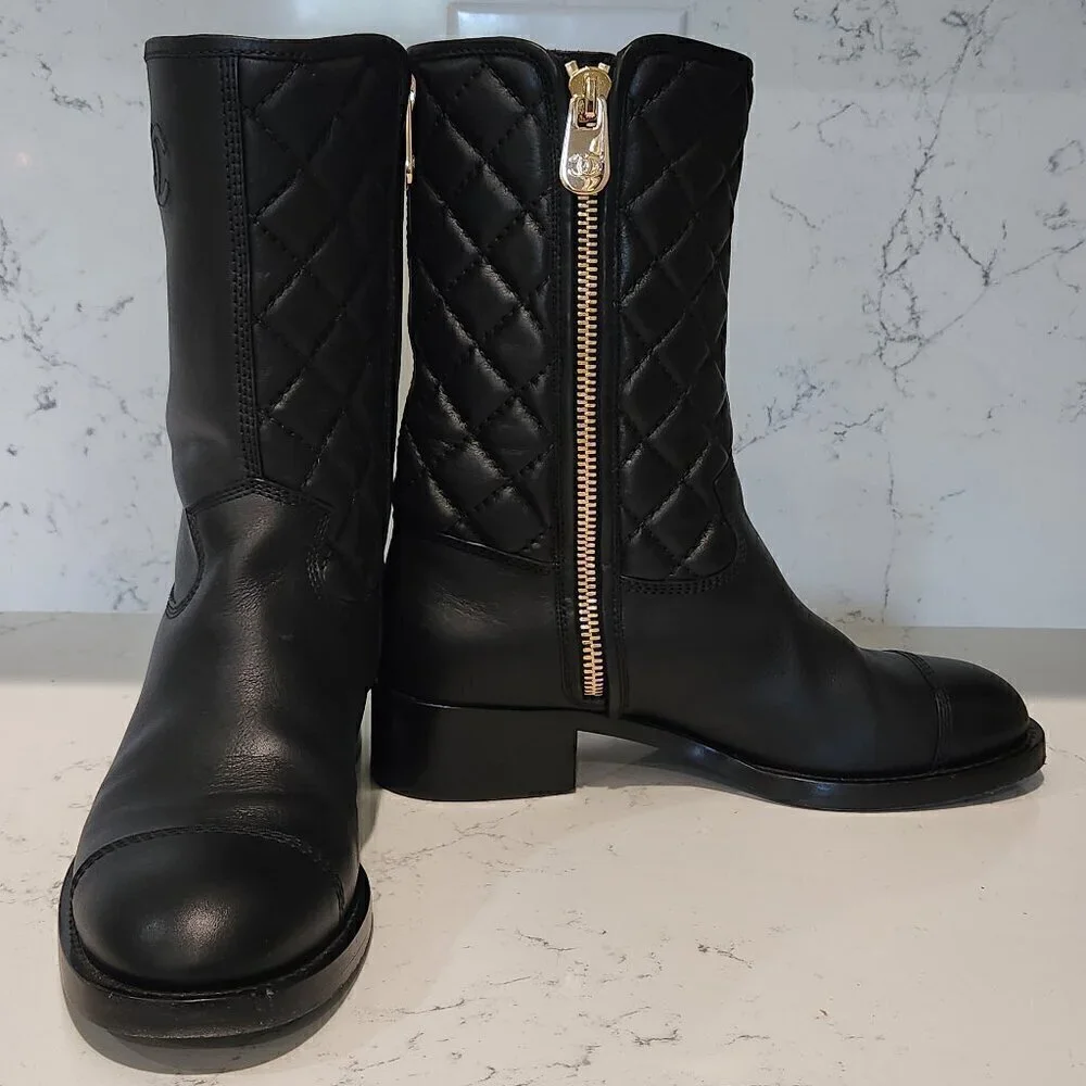 Chanel Mid-Calf Quilted Black Leather Boots, Authentic